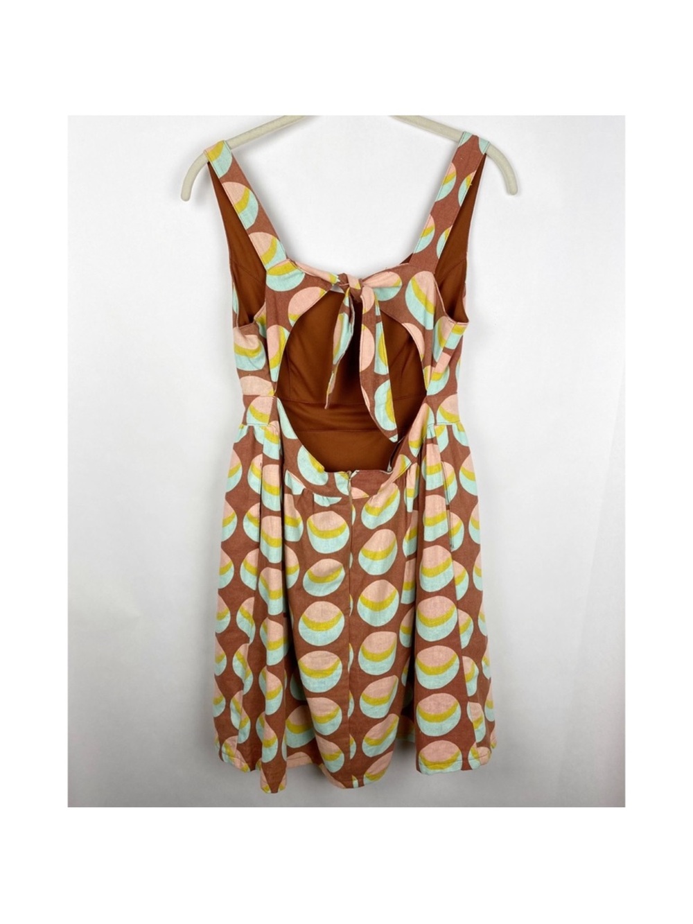 Judith March Linen Open Tie Back 70s mod Print Mini dress size Large - Picture 4 of 7
